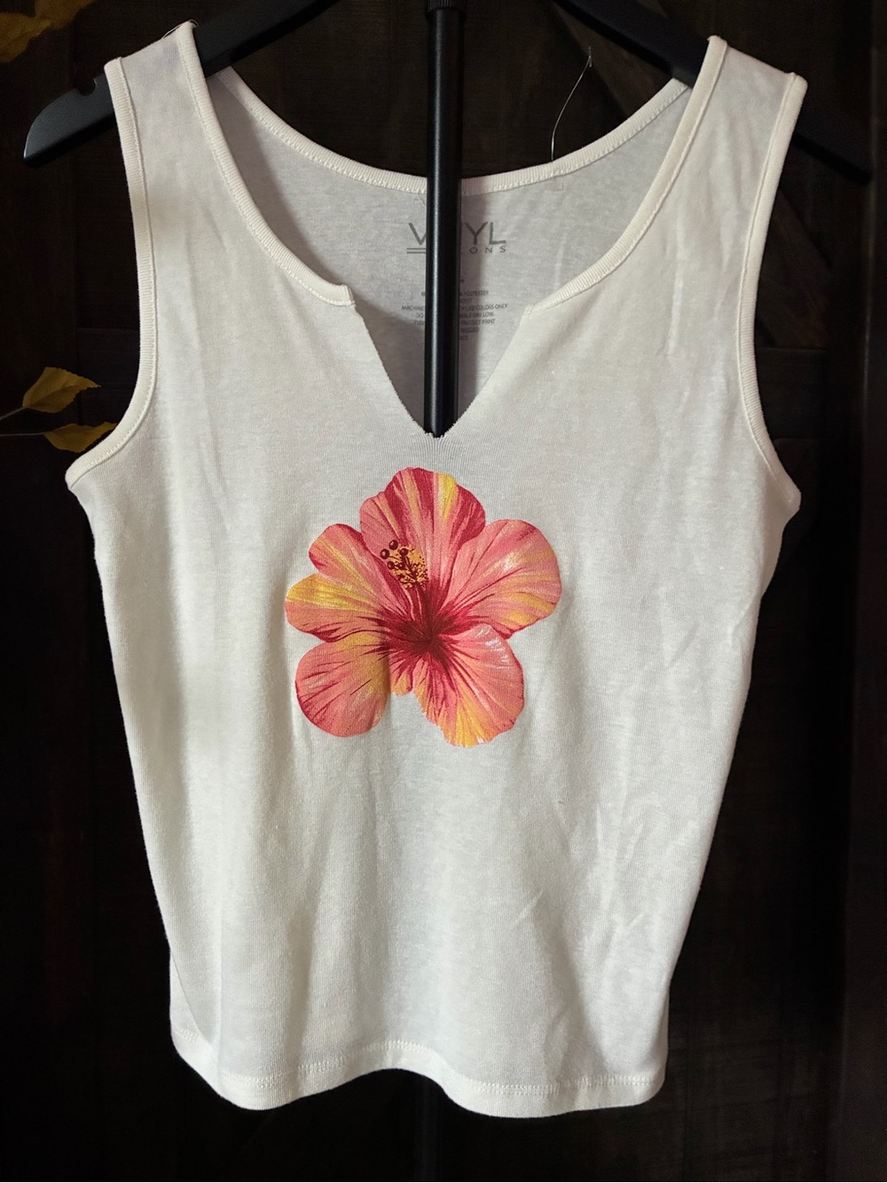 VINYL White Tank Top with Pink and Yellow Hibiscus Graphic